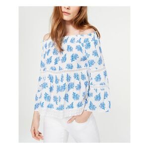 MICHAEL KORS Womens White Printed Long Sleeve Off Shoulder Top Size: XXS